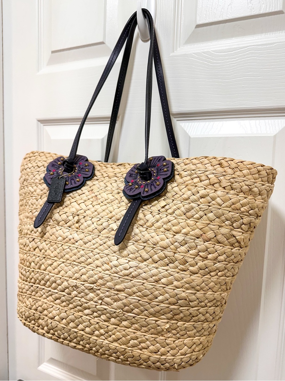 Coach Tea Rose Large Woven Straw Summer Tote Leather Trim Shoulder Bag - Picture 4 of 12